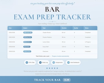 Bar Exam Prep Tracker | Google Sheets Excel Spreadsheet Study Academic Template
