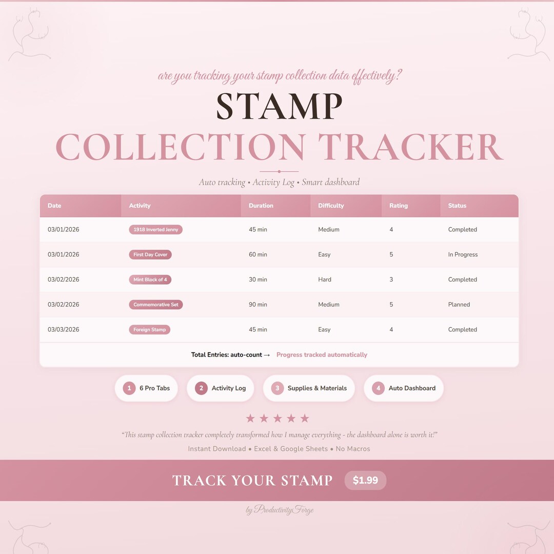 Stamp Collection Tracker | Google Sheets Excel Spreadsheet Hobby ...