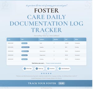 Puede incluir: Una plantilla de hoja de cálculo digital Foster Care Daily Documentation Log Tracker con fondo azul claro. La interfaz muestra una tabla para registrar fechas, artículos, categorías, cantidades, costos y estados, además de cuatro pestañas.