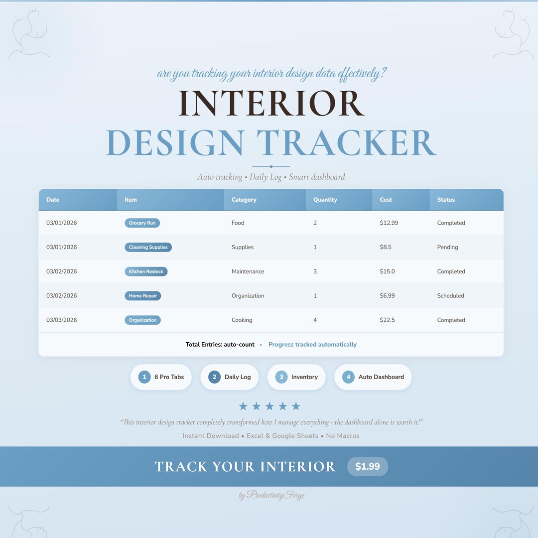 Interior Design Tracker Spreadsheet Google Sheets Excel Home ...