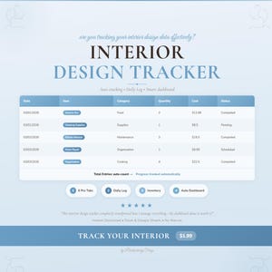 May include: A digital interior design tracker with a blue and white color scheme. The design includes a table with data entries, and the text "INTERIOR DESIGN TRACKER". The tracker includes features like auto-tracking and a daily log.