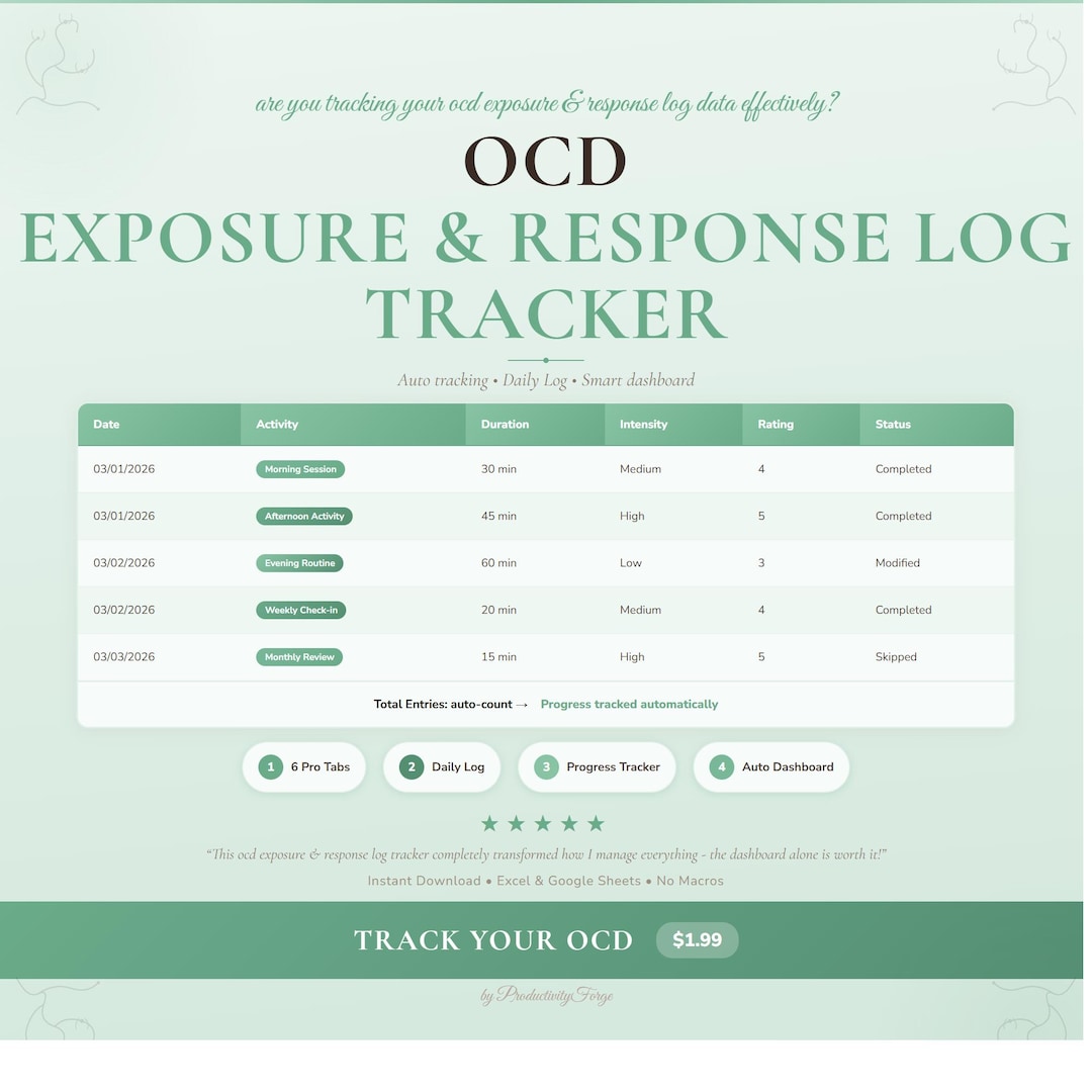 OCD Exposure & Response Log Tracker | Google Sheets Excel Spreadsheet ...