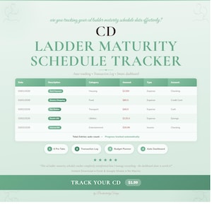 May include: A digital CD Ladder Maturity Schedule Tracker with a green and white design. The tracker includes sections for date, description, category, amount, type, and account. Text includes "Auto tracking," "Transaction Log," and "Smart dashboard."