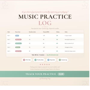 May include: A music practice log with a soft color scheme. The log includes sections for date, focus area, duration, tempo, rating, and notes. Text on the image reads "Music Practice Log" and "Track Your Practice".