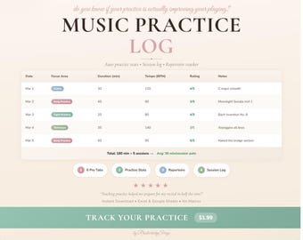 Music Practice Log Spreadsheet: Session, Repertoire, Stats Tracker (Excel, Google Sheets)