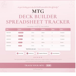 May include: A digital MTG Deck Builder Spreadsheet Tracker on a light pink background. The interface includes a table with columns for Date, Activity, Duration, Difficulty, Rating, and Status, plus four circular navigation tabs and a footer.