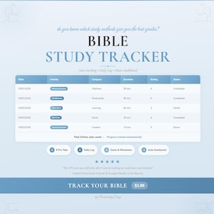 May include: A light blue Bible study tracker with the title "BIBLE STUDY TRACKER". The tracker includes sections for date, activity, category, duration, rating, and status. The text "TRACK YOUR BIBLE" is at the bottom.