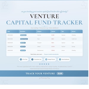 Puede incluir: Una plantilla de hoja de cálculo digital Venture Capital Fund Tracker con fondo azul claro, una tabla de registro de transacciones con columnas para fecha, descripción, categoría, importe, tipo y cuenta, además de cuatro pestañas y un panel.