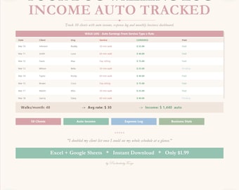 Pet Sitter Business Tracker, Dog Walking Log, Client Database (Excel Spreadsheet)