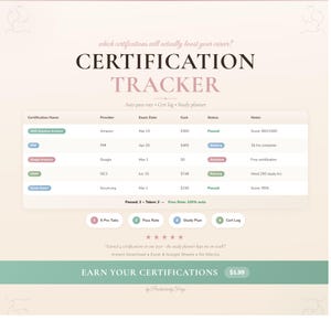 May include: A digital Certification Tracker with a light pink and green design. The tracker includes a table with certification names, providers, exam dates, costs, and statuses. The text "Earn Your Certifications" is at the bottom.