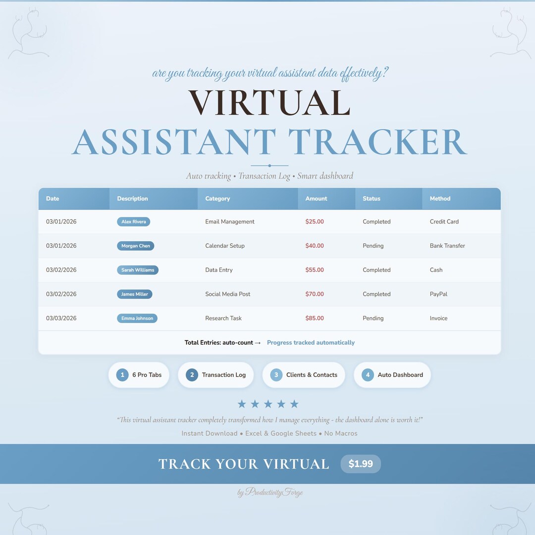 Virtual Assistant Tracker | Google Sheets Excel Spreadsheet Business ...