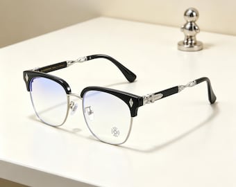 CH Luxury Gothic Black Gold Eyeglass Frames, Retro Half Rim Glasses, Ornate Metal Temple Optical Frames, Unisex Statement Eyewear Gift