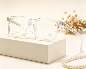 CH Clear Square Eyeglasses, Gothic Luxury Gold/Silver Cross Detail Glasses, Streetwear Fashion Eyewear