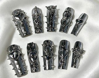Uñas postizas góticas plateadas con pinchos y diamantes de imitación - Arte de uñas de metal negro - Uñas decorativas para estilo punk, gótico y alternativo