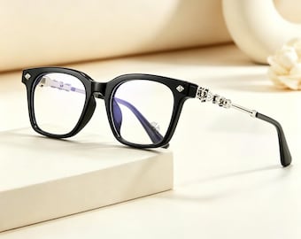 CH Black Square Eyeglasses | Gothic Cross Frame, Anti-Blue Light, Gold/Silver Temple, Prescription Ready, Unisex Fashion Glasses
