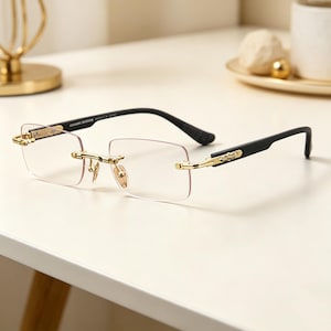 May include: Rimless eyeglasses with rectangular lenses. The frames feature gold-colored accents and black temples. The lenses are clear, and the overall design is sleek and modern. The text "FRAMI BERGER" is visible on the frame.