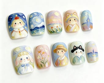 Uñas postizas pintadas a mano inspiradas en Van Gogh, lindas uñas postizas reutilizables con personajes de dibujos animados, uñas postizas cortas con estilo de pintura al óleo artística.