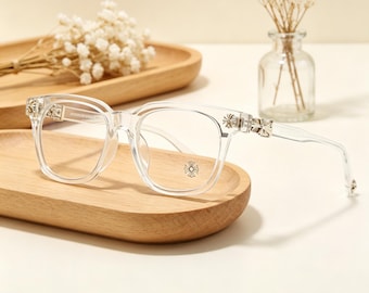 CH Retro Gothic Cross-Shaped Eyeglasses Frame, Transparent Acrylic Frame, Cross & Floral Metal Detail, Unisex Streetwear Eyewear