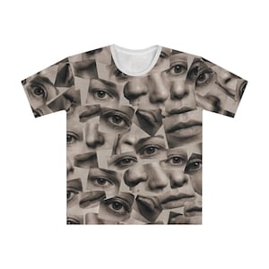 May include: A short-sleeve t-shirt featuring an all-over collage print of black and white photographic fragments of human faces. The pattern consists of overlapping eyes, noses, and lips in various grayscale tones, finished with a white crew neckline.