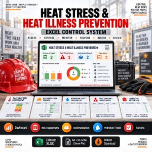 Peut inclure: Un tableau de bord numérique pour la prévention du stress thermique et des maladies liées à la chaleur sur un écran d'ordinateur portable, accompagné de cinq fiches de suivi imprimées pour les évaluations, l'acclimatation et l'hydratation.