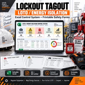 May include: A laptop displaying a Lockout Tagout energy isolation control system dashboard, surrounded by printed safety forms, a white hard hat, a red padlock, a danger tag, and a black pen on a desk, featuring text about safety compliance.
