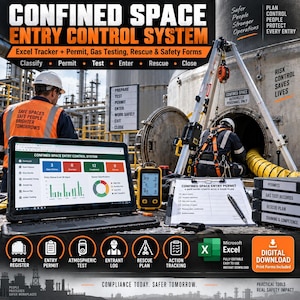May include: A digital Confined Space Entry Control System for Microsoft Excel, featuring a laptop displaying a dashboard, a gas detector, and a permit form. The system includes trackers for permits, gas testing, and rescue plans for industrial safety.