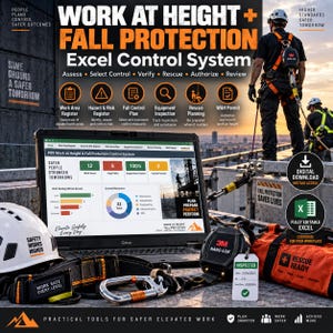 May include: A digital dashboard on a laptop screen displaying a Work at Height and Fall Protection Control System, surrounded by safety equipment including a white hard hat, a 3M Nano-Lok self-retracting lifeline, and a Rescue Ready gear bag.