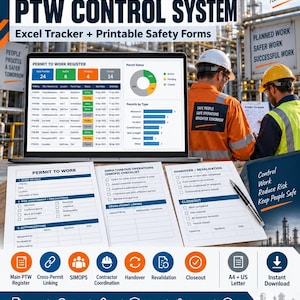 Könnte beinhalten: Ein digitales Arbeitserlaubnis-Kontrollsystem mit Excel-Tracker und druckbaren Sicherheitsformularen. Das Display zeigt ein Dashboard mit Statusdiagrammen und einem Register. Drei ausgedruckte Formulare liegen mit einem Stift auf einem Tisch.