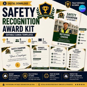 May include: A digital download safety recognition award kit featuring editable Canva templates. Includes six certificates, six posters, a nomination form, and two guides. The design uses a gold, white, and dark green color scheme with trophy icons.
