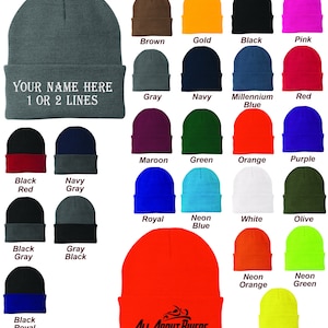 May include: Collection of beanies in various colors, including gray, black, and orange. Some beanies have text that reads "YOUR NAME HERE 1 OR 2 LINES" and "ALL ABOUT BIKERS".