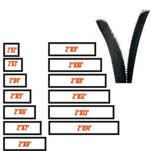 Puede incluir: Tiras de cierre de gancho y bucle negras en forma de V, acompañadas de una lista de tamaños disponibles impresos en texto naranja dentro de marcos rectangulares negros, que van de 2"x2" a 2"x14" en medidas imperiales.