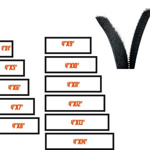 May include: A black hook and loop fastener strip shown with a series of rectangular outlines labeled with dimensions ranging from 4"x4" to 4"x14". The text labels are printed in orange inside each black-bordered rectangle, indicating various sizes.
