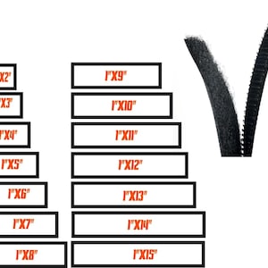 Peut inclure: Une collection de bandes auto-agrippantes noires de différentes longueurs, étiquetées avec du texte orange allant de 1"x2" à 1"x15". Les bandes sont présentées en deux colonnes, avec une paire de bandes noires en forme de V montrée à part.