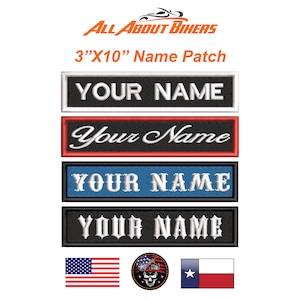 May include: Four different styles of 3" by 10" embroidered name patches. The patches are white, black, red, and blue. The text on the patches reads "YOUR NAME". The image also includes an American flag, a skull and crossbones logo, and a Texas flag.
