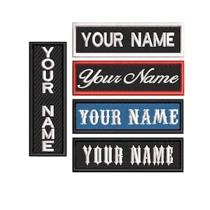 May include: A collection of embroidered patches with the text "YOUR NAME" in various fonts and colors. The patches are rectangular, with black, red, blue, and white borders. One patch is vertical with the text "YOUR NAME".