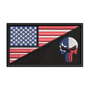 May include: A black and white embroidered patch with a red, white, and blue American flag on the left side and a Texas flag Punisher skull on the right side.