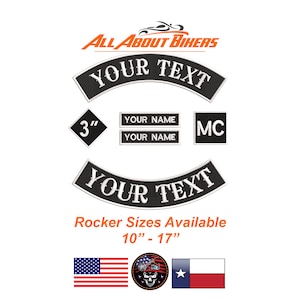 6 pc. Custom Biker Patch Set. Top & Bottom Rocker, 2 Name Tags, w 3&quot; Square and Diamond  10&quot;-17&quot; Sizes Available FREE Shipping