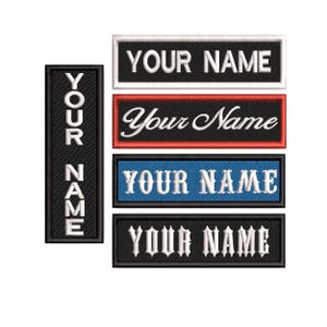 May include: Embroidered patches with the text "YOUR NAME" in various fonts and colors. The patches are rectangular, with options including white text on black, script on red, and white text on blue. A vertical patch reads "YOUR NAME".