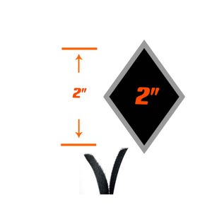 May include: A black hook and loop fastener strip with a diamond-shaped graphic indicating a width of 2 inches. The graphic features orange arrows and the text 2 inches, with the number 2 also displayed in orange inside the diamond shape.