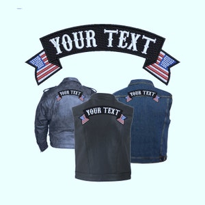 May include: Black, white, and red embroidered patch with the text "YOUR TEXT" and American flag designs on either side. The patch is shown on three different jackets: a denim jacket, a leather jacket, and a black leather vest.