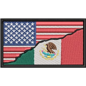 May include: Embroidered patch featuring the flags of the United States and Mexico, divided by a jagged line. The U.S. flag shows stars and stripes, while the Mexican flag displays its emblem. The patch is framed with a black border.