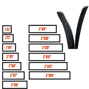 May include: Black hook and loop fastener strips shown in various lengths from 2 inches by 2 inches up to 2 inches by 14 inches. The text labels clearly indicate the dimensions in inches for each rectangular strip size available in this set.