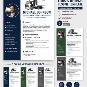 May include: A truck driver resume template with a professional design. The resume includes sections for contact information, skills, work experience, and certifications. The template is fully editable, instantly downloadable, and ATS friendly. Three color versions are included.