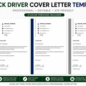 Puede incluir: Un conjunto de plantillas de carta de presentación para conductor de camión con tres variantes de color en verde, azul y gris. El documento incluye marcadores de posición para datos de contacto, fecha, cuerpo de la carta y firma, editables en Canva.