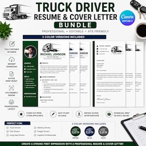 Puede incluir: Un paquete digital que contiene una plantilla de currículum y carta de presentación para conductor de camión. El documento presenta un diseño en verde oscuro y blanco con un gráfico de camión, un espacio para foto y secciones de experiencia.