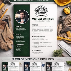 Puede incluir: Una plantilla de currículum vitae de trabajador de la construcción con el texto "CONSTRUCTION WORKER RESUME TEMPLATE" en la parte superior. El currículum incluye una foto, información de contacto, habilidades, experiencia laboral y educación.
