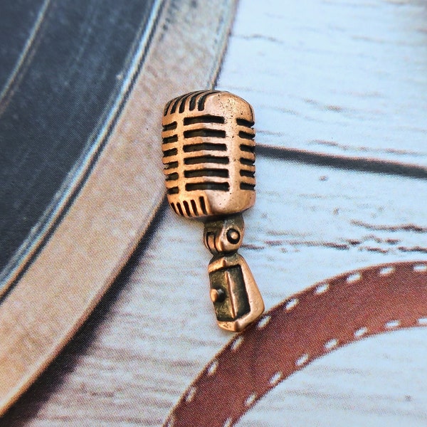 Microphone Copper Lapel Pin-CC529C- Mic, Broadcast, and Sound Wave Pins for Radio, and Audio Engineering