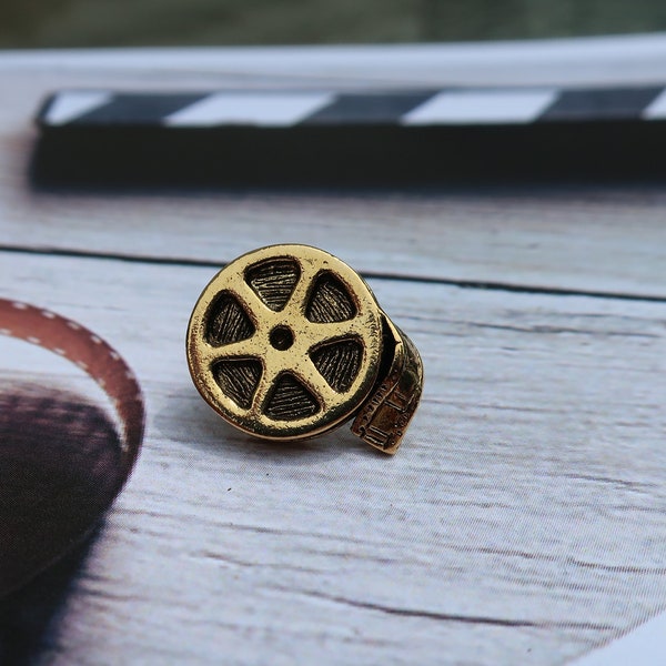 Gold Film Reel Lapel Pin- CC326G- Film, Movies, Motion Picture, Drama, Media, Photography, Cinema, and Photography Lapel Pins