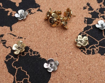 Flower Map Pins- Set of 10- Silver or Gold Finish- MP112- Pinpoint Your Botanical Adventures with Our Flower Map Pins