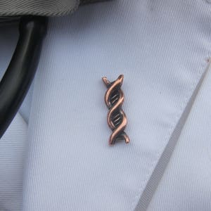 Può includere: Uno spillo a forma di doppia elica di DNA di colore rame. Lo spillo è su uno sfondo di tessuto bianco.